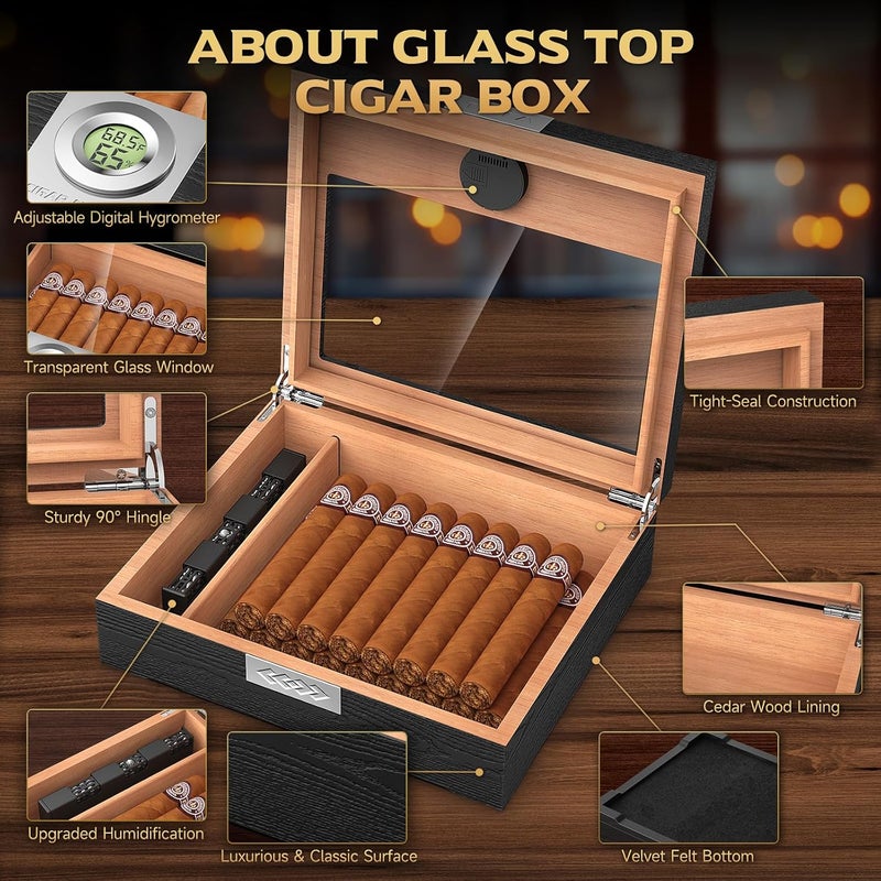 TISFA Cigar Humidor Box Cigar Accessories Set, Includes V Cutter, Straight Cutter, Hole Punch, Digital Hygrometer, Adjustable Humidifier, Divider, Cedar Wood Desktop Humidor Airtight Cigar Case - Image 3